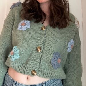 Debut Green and Blue Cardigan with Floral Embroidery